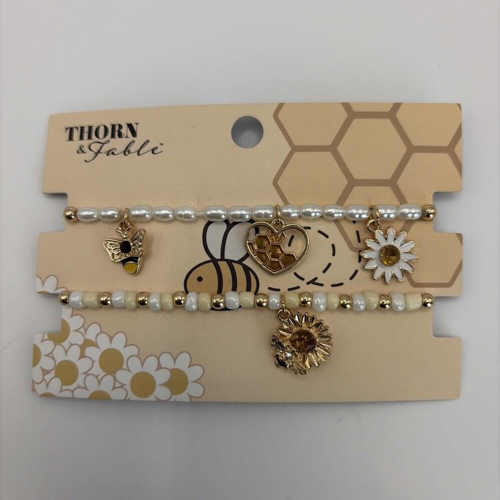 New Thorn & Fable Hot Topic Bracelet‎ Bumble Honey Bee Chaim Beaded Set White